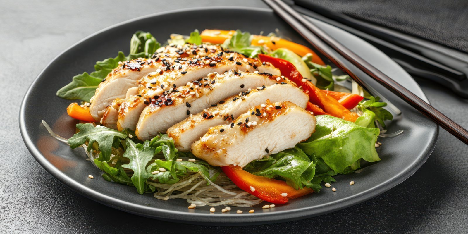 Grilled chicken salad with fresh vegetables and dressing served on a black plate during lunch